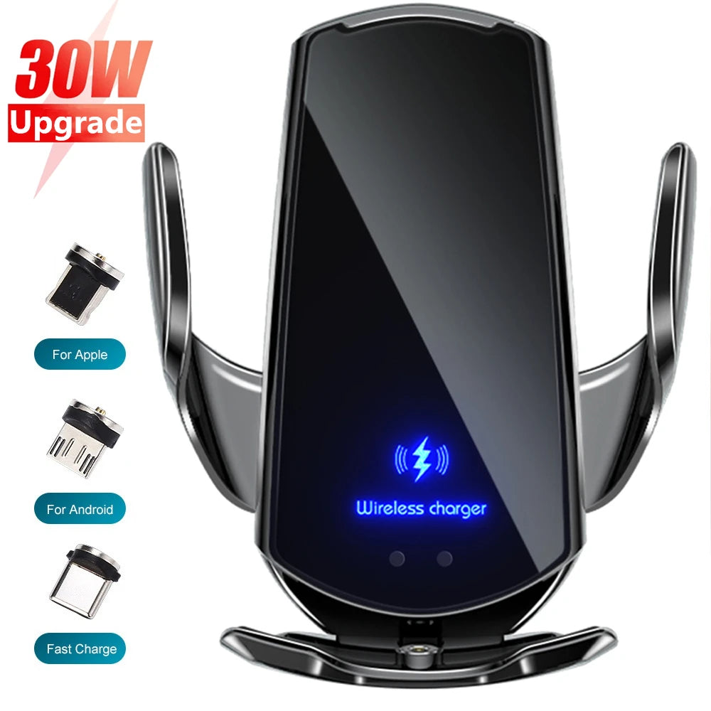 Automatic 30W Car Wireless Charger for Iphone 15 14 13 12 11 Samsung S23 S22 S21 Magnetic USB Infrared Sensor Phone Holder Mount