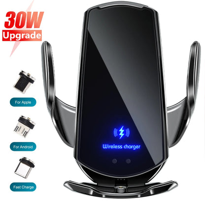 Automatic 30W Car Wireless Charger for Iphone 15 14 13 12 11 Samsung S23 S22 S21 Magnetic USB Infrared Sensor Phone Holder Mount